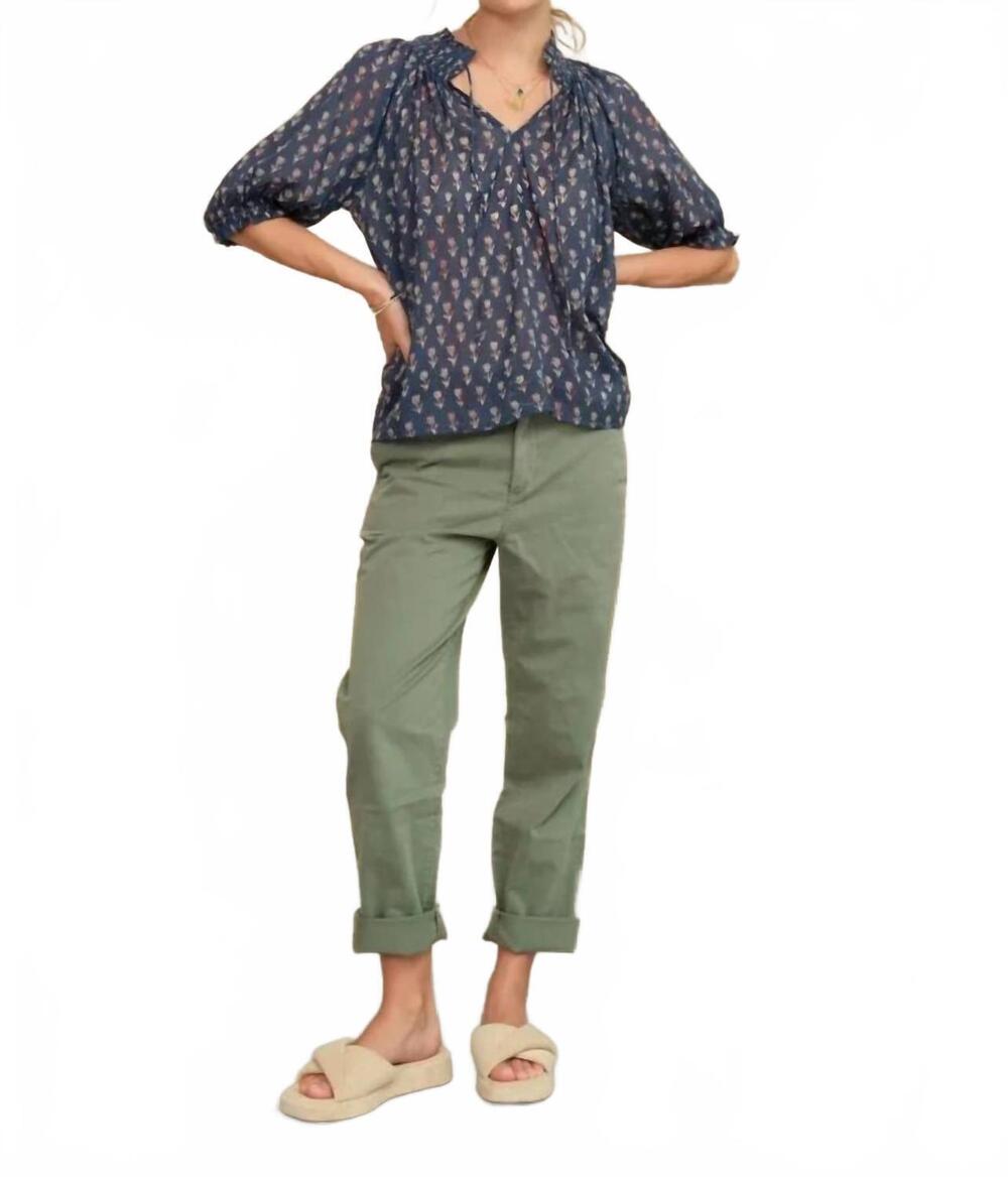 NEW M.A.B.E. ari print short sleeve blouse in indigo blue